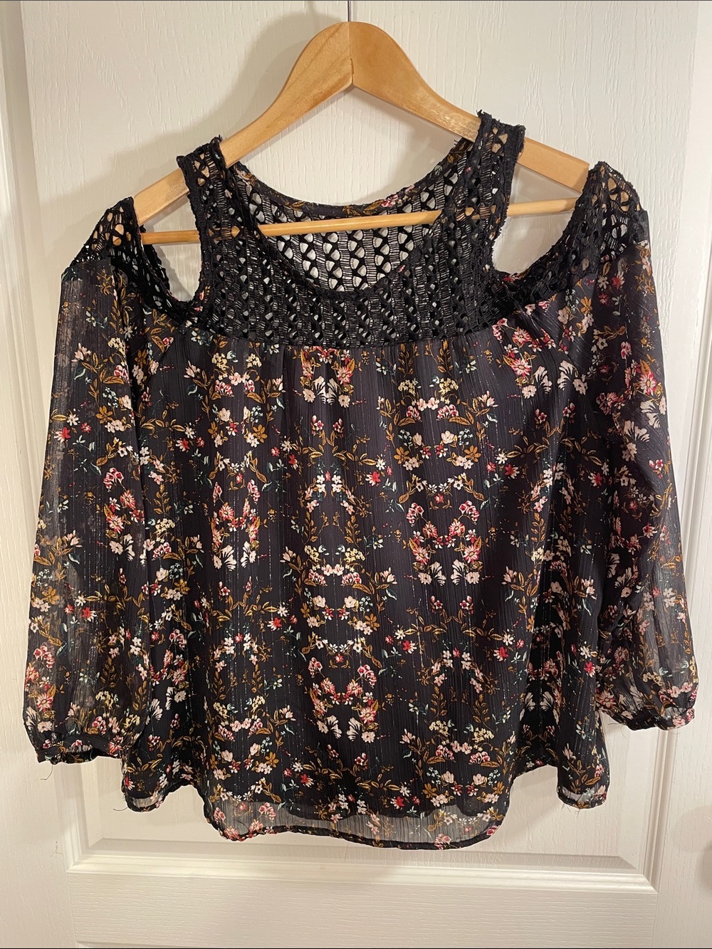 Boho Black Floral Cold-Shoulder Crochet Yoke Blouse